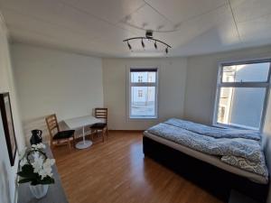 奥勒松Cozy Retreat in the Heart of Ålesund的一间卧室配有一张床、一张书桌和两个窗户。
