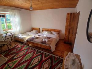地拉那Bujtina Tusha的一间带两张床的卧室和地毯
