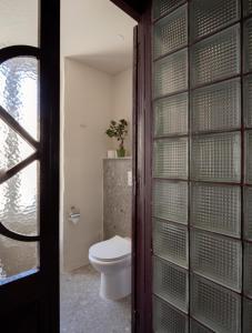 比尔古Birgu No 25 apartment 3的一间带卫生间和玻璃门的浴室