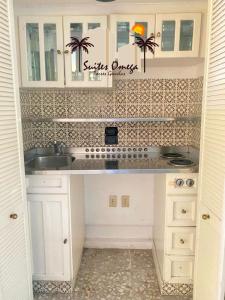 阿卡普尔科Suites Omega Torres Gemelas的厨房配有白色橱柜和水槽