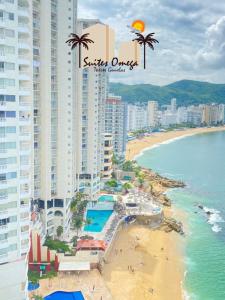 阿卡普尔科Suites Omega Torres Gemelas的享有海滩的空中景色,设有建筑和海洋