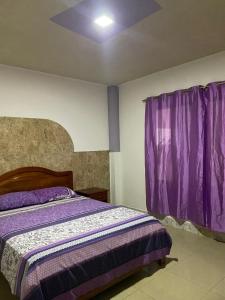 巴克里索莫雷诺港Casa en san Cristobal的一间卧室配有一张床和紫色窗帘