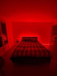 马恩河畔维列Cosy Colour Place的红色的卧室,配有一张红色墙壁的床
