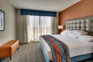 克拉尔维尔Drury Inn & Suites Iowa City Coralville的一间设有大床和窗户的酒店客房