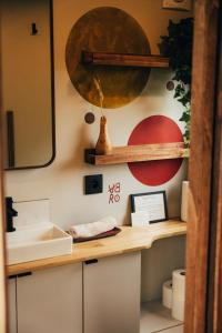 绍蒙－吉斯图Tiny House Au Coeur de la Campagne Wallonne的浴室设有水槽和镜子