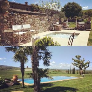 ContignanoDimora Buonriposo Pienza Country House的两幅别墅照片,别墅内有游泳池和棕榈树