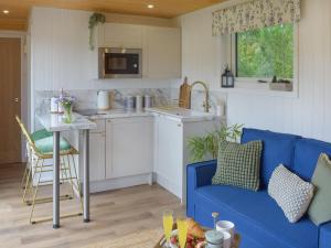 StraitonFreedom Fields - Bluebell的一间带蓝色沙发的客厅和一间厨房