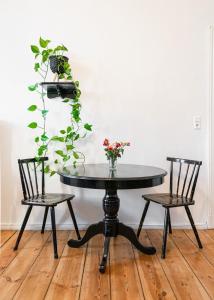 柏林Boutique Altbau Apartment的一张桌子、两把椅子和一个花瓶