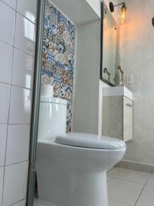 杜兰戈Hotel Boutique Casona los Pavorreales的浴室设有卫生间和马赛克瓷砖墙。