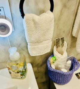 North BeachEleni’s Charming Studio的浴室设有水槽上的一篮毛巾