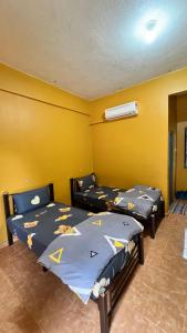 话毛生普莱乡间别墅度假酒店的黄色墙壁客房的两张床