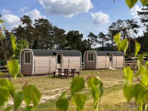 索尔陶Naturcamping Lüneburger Heide - Chalets & Tiny Häuser的两栋移动房屋,位于一个树木林立的田野
