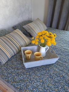 TuraidaMellene 1 bedroom house in nature & hot tube的床上的托盘,上面放着两个杯子和鲜花
