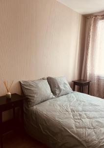 拉罗谢尔chez Jin Jin的一间卧室配有一张带两张桌子和一扇窗户的床。