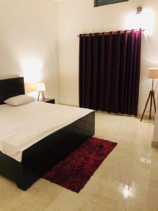 瓦拉纳西Tattva Luxurious Apartment的一间卧室配有床和红色窗帘