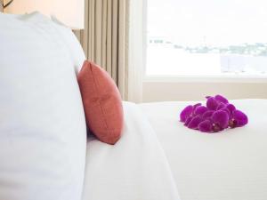 汉密尔顿汉密尔顿公主海滩俱乐部费尔蒙经营酒店的一张带两个枕头的白色床和紫色的鲜花
