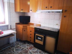 托里诺迪桑格罗vacanze al Mare appartamento in villa的一间带炉灶的厨房和一台台面上的电视