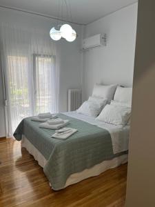 雅典Alex’s home next to Laiko的一间卧室配有一张床,上面有两条毛巾