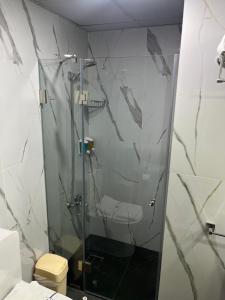 贝鲁特El Sheikh Suites Hotel的浴室设有玻璃淋浴间和卫生间