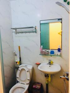 高平曹邦报春花民宿的一间带卫生间、水槽和镜子的浴室