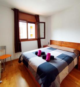 索特Apartaments Sort Pirineus的卧室配有一张大床和粉红色枕头。