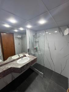 贝鲁特El Sheikh Suites Hotel的一间带水槽和淋浴的浴室
