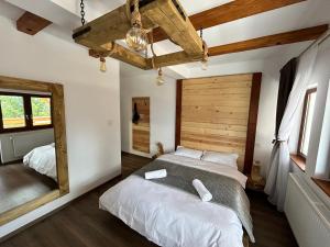 贝利什Tiarra Mountain Lodge的一间卧室设有两张床和大镜子