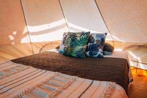 兰金Glamping Guayaha的帐篷内的一张床位,上面有两个枕头