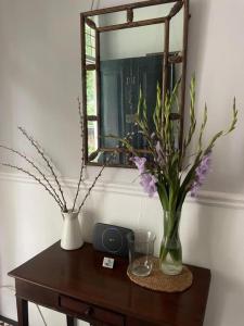伦敦维多利亚中央公寓的一张带镜子的桌子和一个花瓶