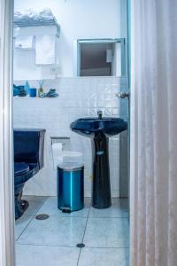 阿亚库乔Hostal Perlaschallay的浴室设有蓝色水槽和垃圾桶