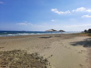 沃罗里尼Villa Larnaca Bay Resort的两把遮阳伞和大海的空沙滩