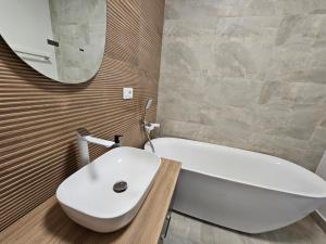 克卢日-纳波卡Oasului Residence的浴室配有白色浴缸和水槽