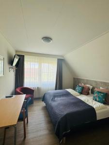 EibergenBed&Breakfast hotel de Greune Weide的酒店客房设有一张大床和一张书桌。