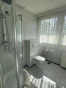 EibergenBed&Breakfast hotel de Greune Weide的白色的浴室设有卫生间和淋浴。