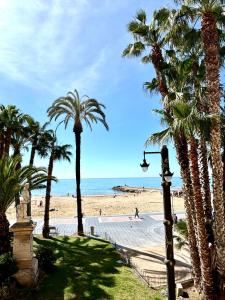 锡切斯塞利玛尔酒店的享有棕榈树海滩和街灯的景色