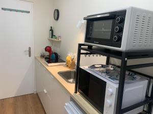 隆勒索涅Studio B hyper centre的厨房配有微波炉和炉灶。