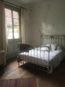 Soultzbach-les-BainsLes anciens thermes的一间带床的卧室,位于带窗户的房间内