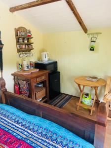 Praze an BeebleTyluna Cornish Cabin的客房设有床、桌子和炉灶。