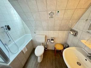罗斯托克阿尔鲁斯公寓的浴室配有卫生间、盥洗盆和浴缸。