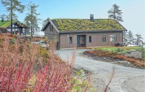 赫讷福斯Lovely Home In Hnefoss With Kitchen的一个带野餐桌的草屋顶的房子