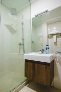 阿布贾BON Hotel Imperial的浴室配有盥洗盆和带镜子的淋浴