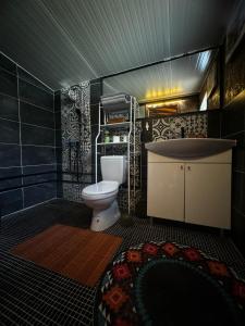 亚伊采ECO cabin Plivsko jezero Jajce的一间带卫生间和浴缸的浴室