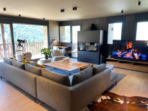 索尔德乌Luxury Ski Chalet Andorra的客厅设有大沙发和壁炉