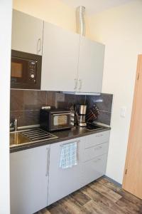 多特蒙德Wohnung 1B的厨房配有白色橱柜和微波炉