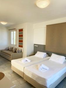 梅加斯·亚洛斯-奈特斯Agnadi Syros Beachfront Studios & Rooms的一间设有两张床和一张沙发的房间