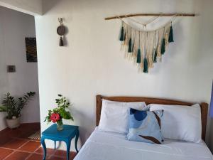 卡诺格布拉达Chalé Flor do ser的一间卧室配有一张床和一张蓝色的桌子