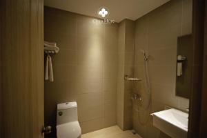 Dahan春沐七星潭海岸旅店的带淋浴、卫生间和盥洗盆的浴室