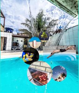 蒙加瓜Casa Do Mar - Wi-fi - Netflix - Piscina的游泳池照片的拼合物,游泳池设有喷泉