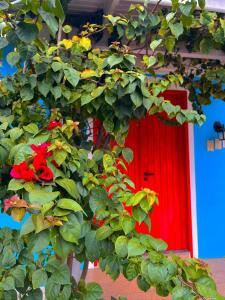 弗洛里亚诺波利斯Pequi hostel的红门前有红花的植物