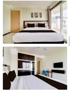 古尔冈Hotel sky的卧室两张图片,配有一张床和电视